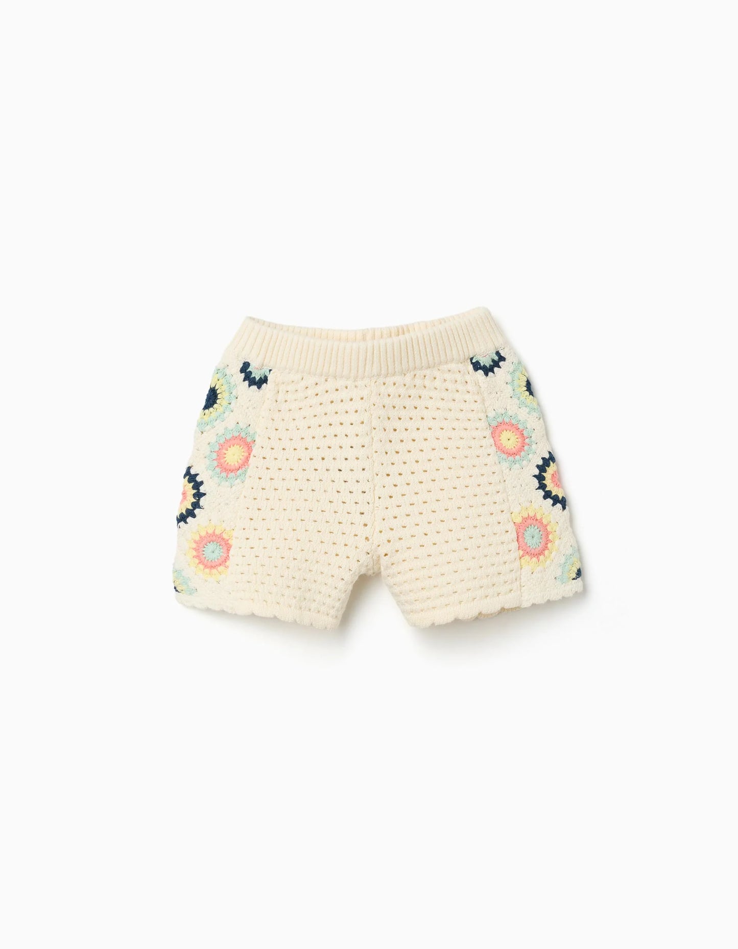 Shorts in maglia con fiori all'uncinetto